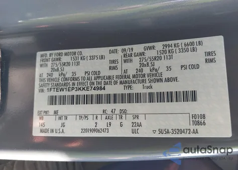 2019 Ford F-150 Xl from USA, damaged, VIN 1FTEW1EP3KKE74984